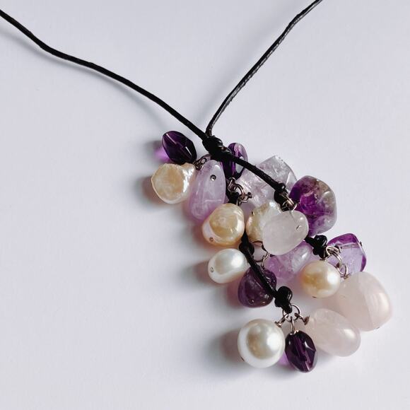 VTG Pendant Necklace 17" Gemstone Amethyst Rose Quartz Freshwater Pearl Cluster - Picture 14 of 14